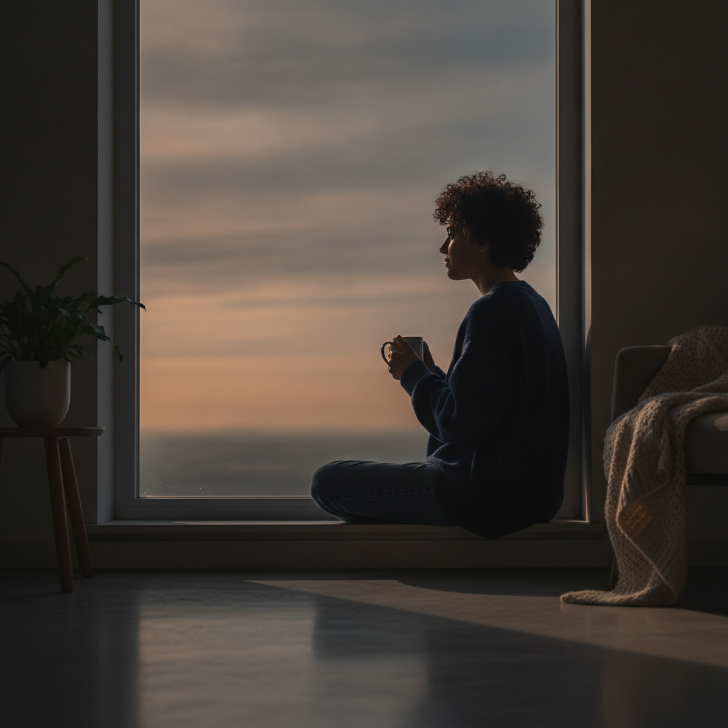 Pessoa reflexiva olhando pela janela ao amanhecer, representando o recomeço e a busca por bem-estar emocional.