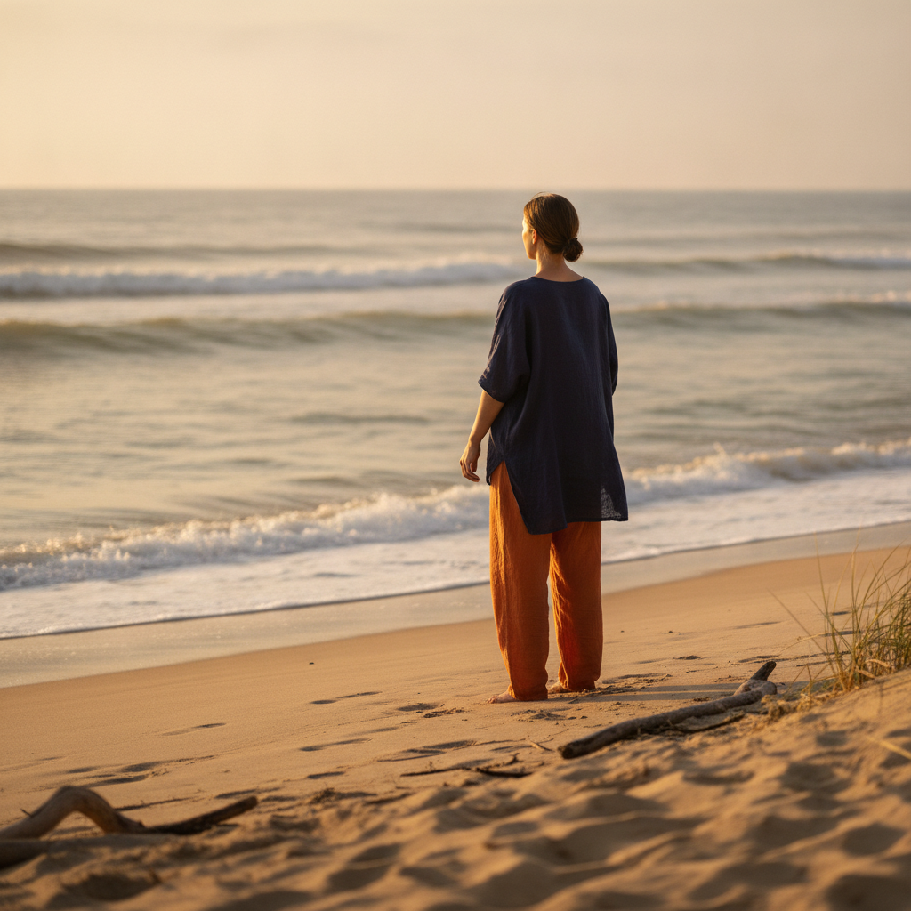 Pessoa em momento de tranquilidade na praia ao pôr do sol, usando roupas confortáveis de algodão e observando o mar.
