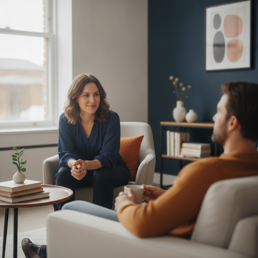 Sessão de psicoterapia acolhedora com psicólogo e paciente conversando em consultório bem iluminado