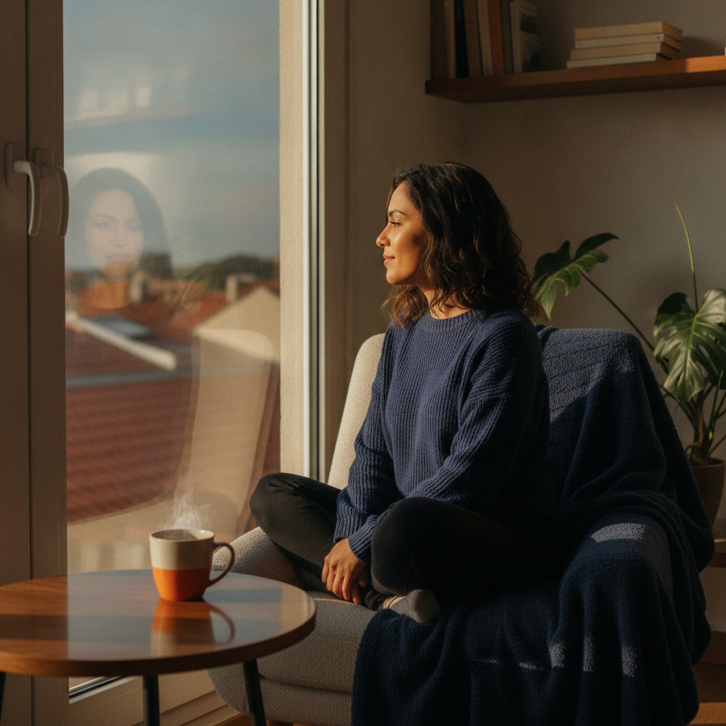 Pessoa reflexiva em um ambiente acolhedor olhando pela janela em momento de quietude emocional.