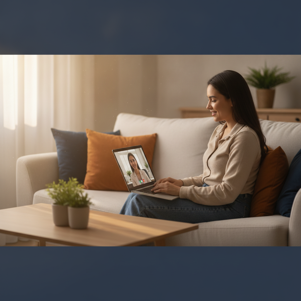 Pessoa sorrindo confortavelmente no sofá de casa durante uma videochamada de terapia online no laptop.