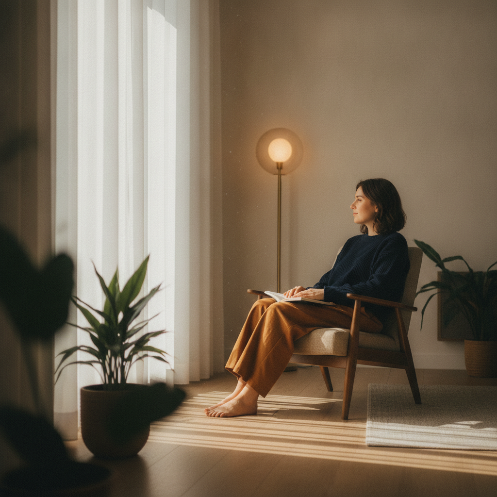 Pessoa sentada pensativa perto de uma janela com luz suave, simbolizando reflexão e recomeço após um término de relacionamento.